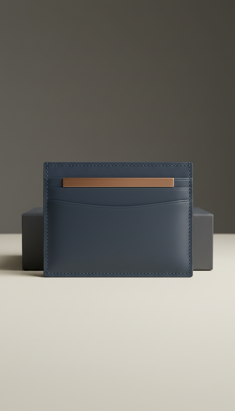 Cardholder in Bleu Nuit Leather with Brushed Metal Accent